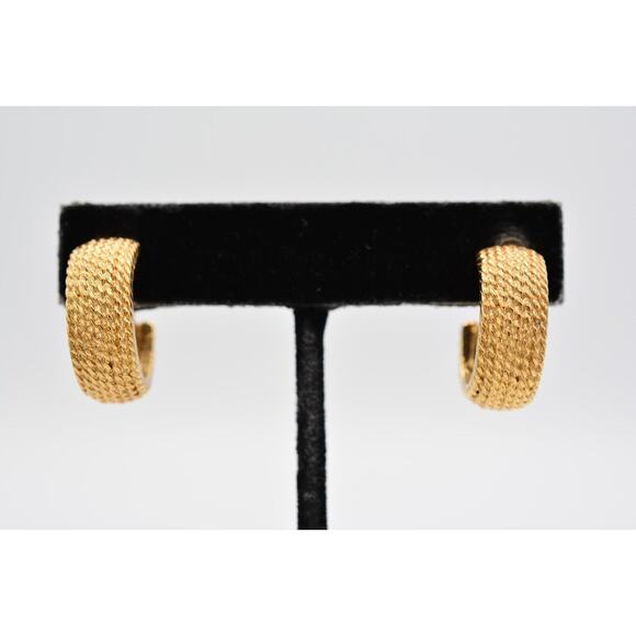 Monet Vintage Clip Earring Textured Hoops Brushed Gold Signed 1980s BinAB - Picture 1 of 12